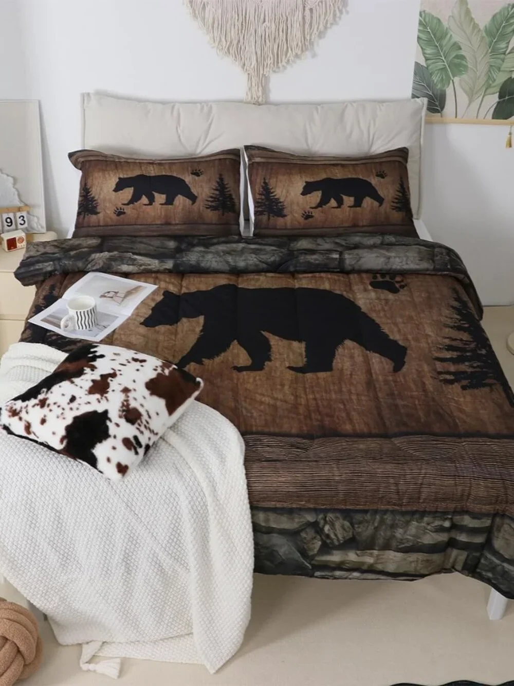 Rustic Bear Comforter Set Queen Size,Wild Animal Hunting Bedding Set 3pcs,Farmho